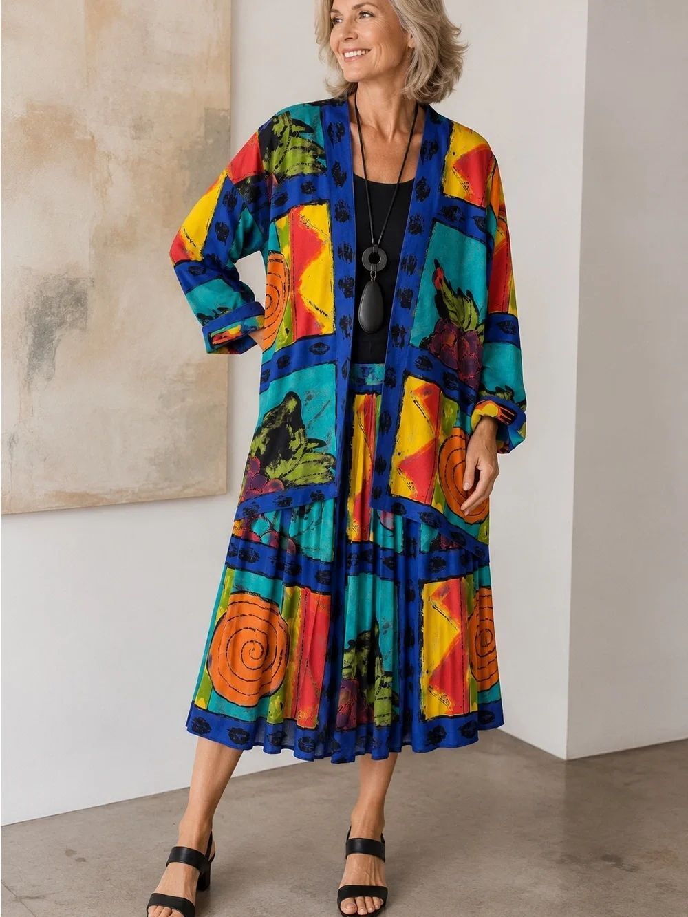 Platinum by Dorothy Schoelen 2Pc Rayon Art Print Skirt Jacket Set Size 12 M 80s